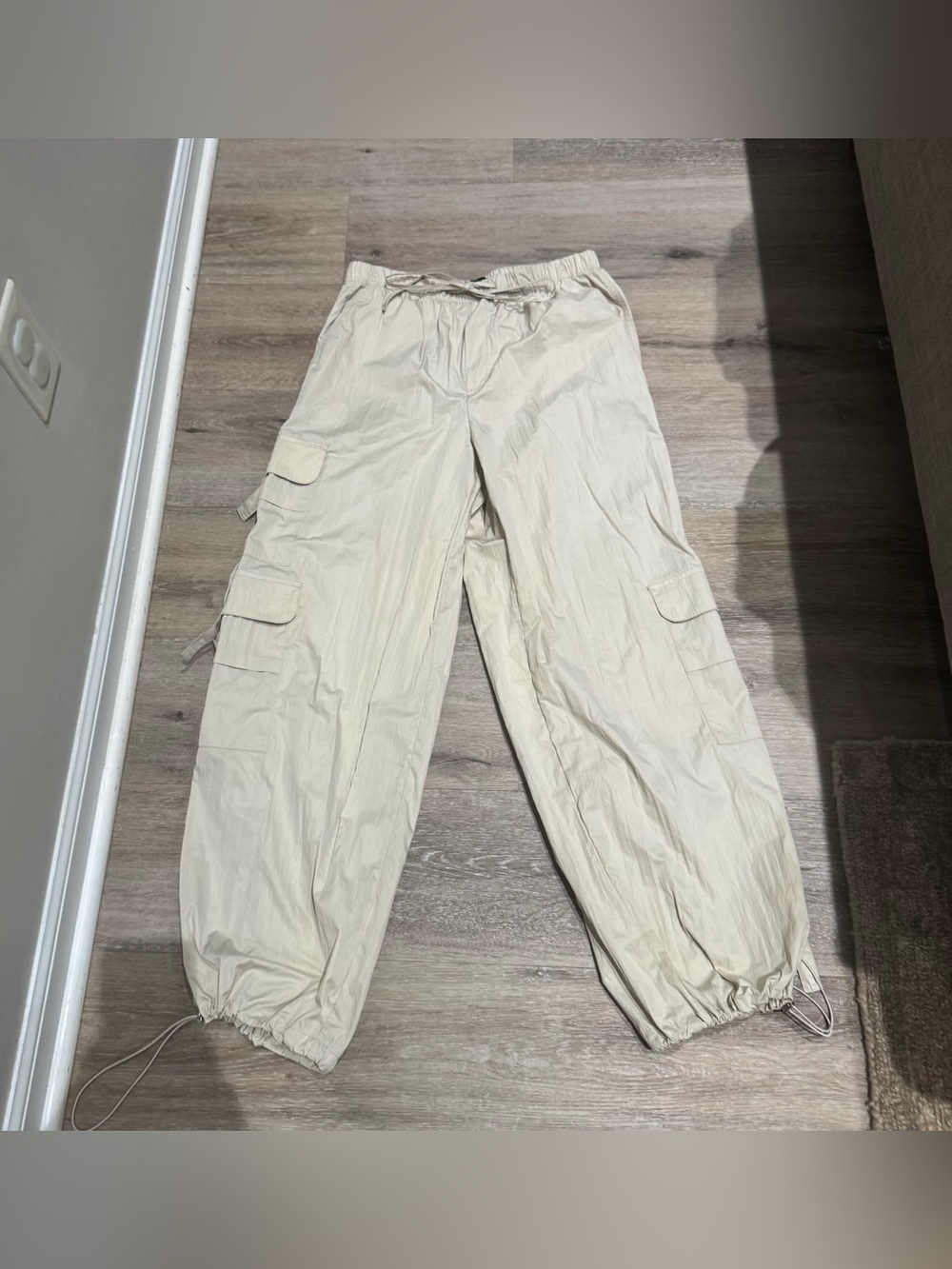 Y2K Beige Parachute Cargo Baggy Utility Pants